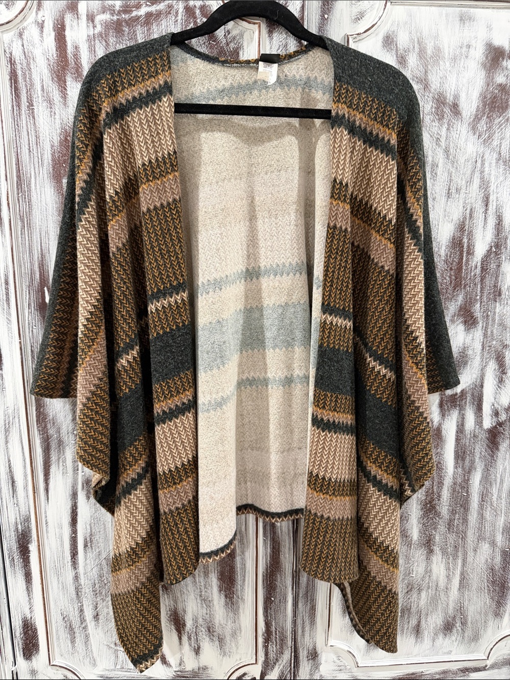 Striped Open-Front Knit Poncho - Brown & Gray